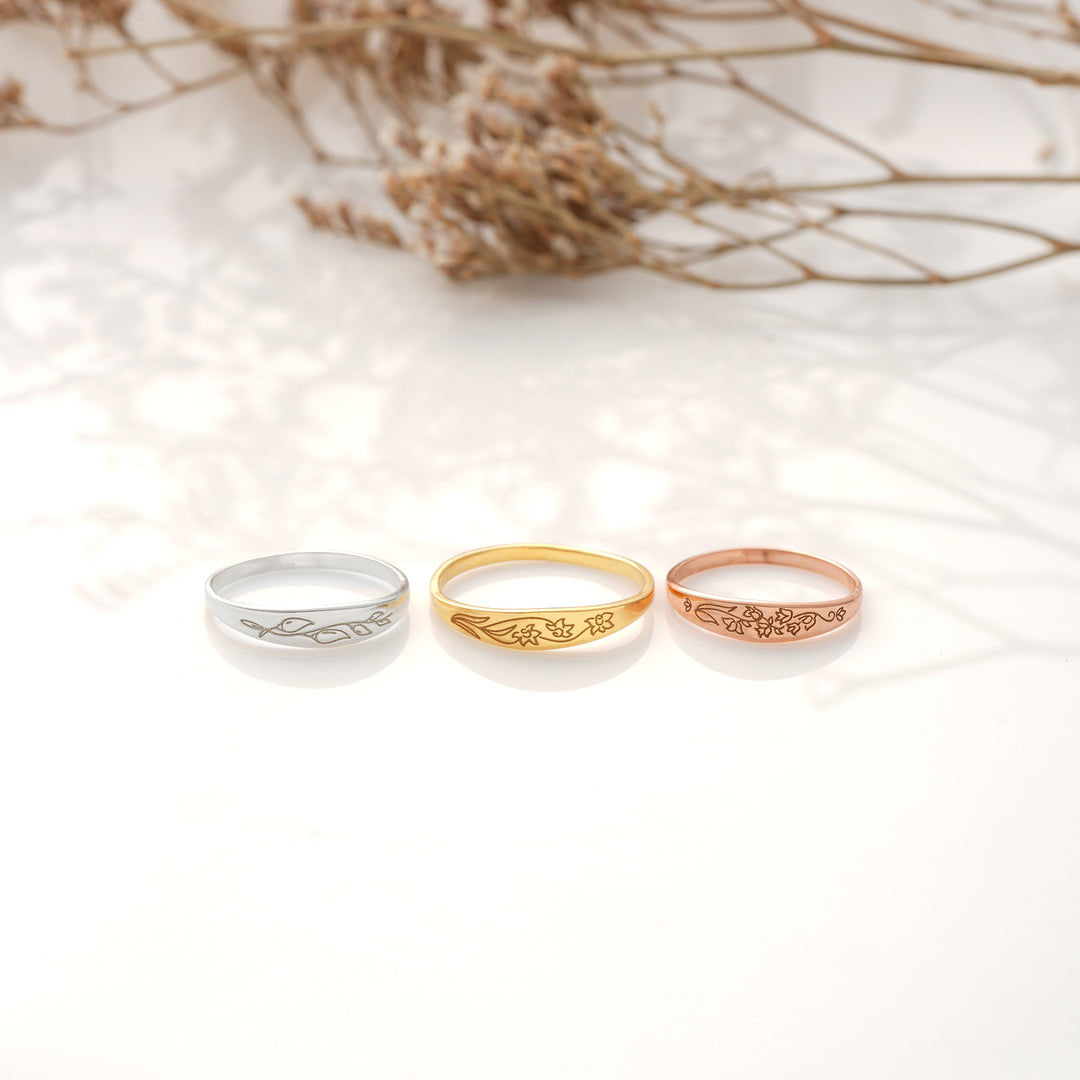 Engraved Birthflower Ring - set
