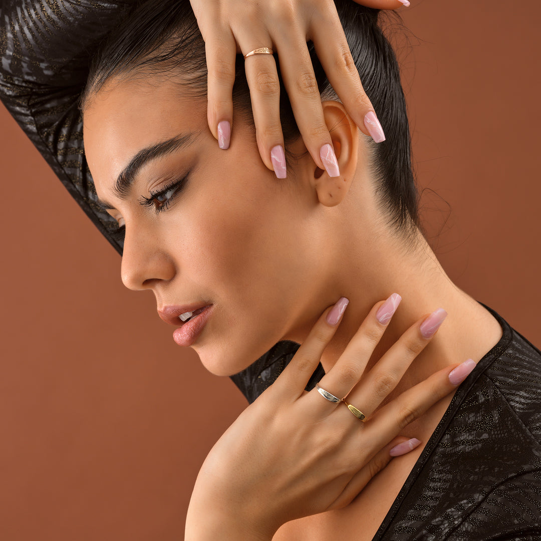 Engraved Birthflower Ring - worn by a model 2