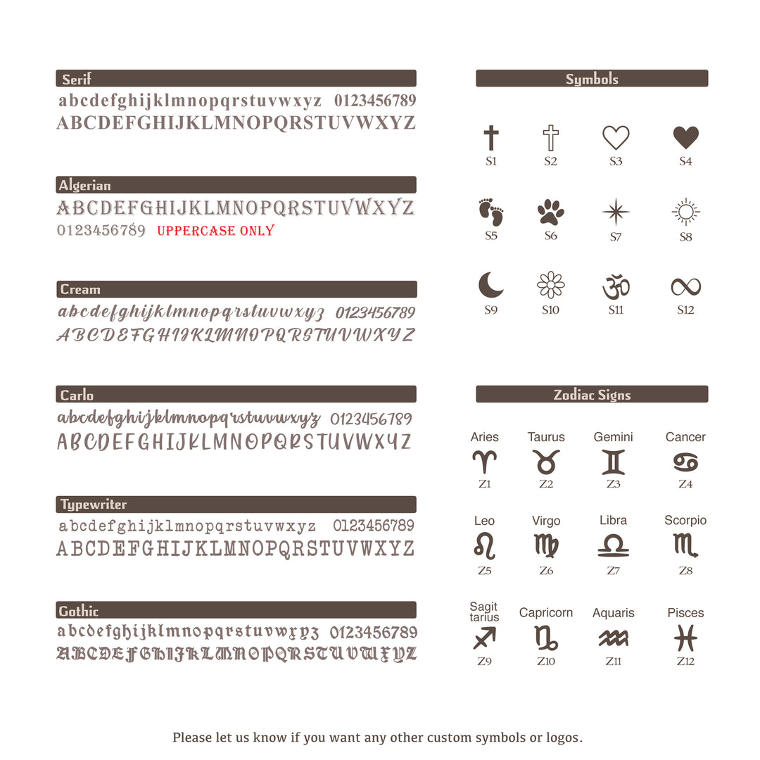 Font, Symbol and Zodiac Options Chart for Personalized Jewelry Engraving – Lyphiyes Customization Guide
