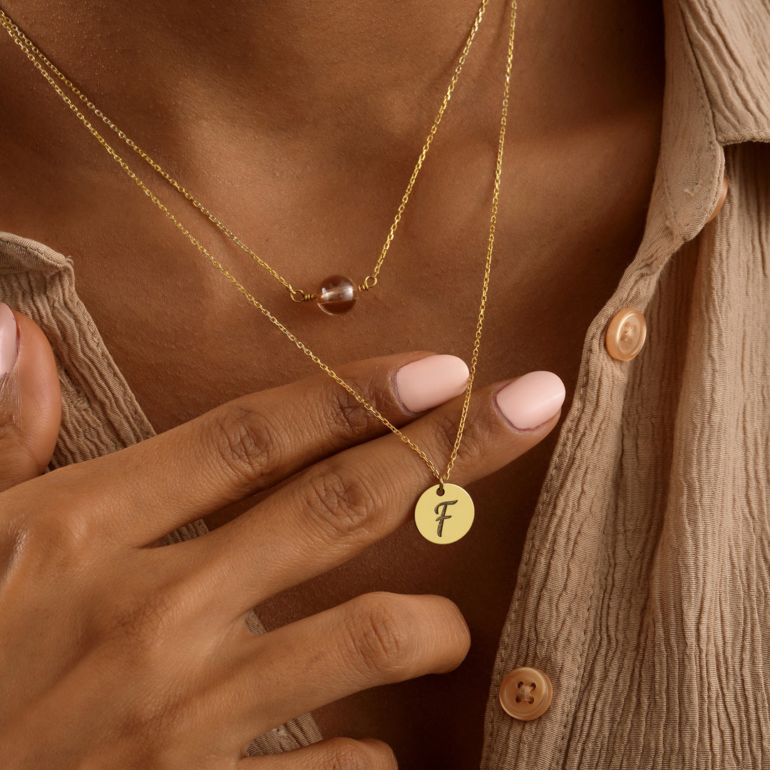 Layered Disc Initial Necklace with Birthstone – Personalized Gold Necklace on Model’s Neck, Lyphiyes Jewelry