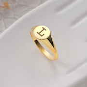 14k Gold filled signet ring with a letter 'I' on a light gray background