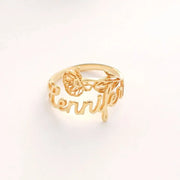 14k Gold filled birth flower name ring with 'Jennifer' cut-out on a white background