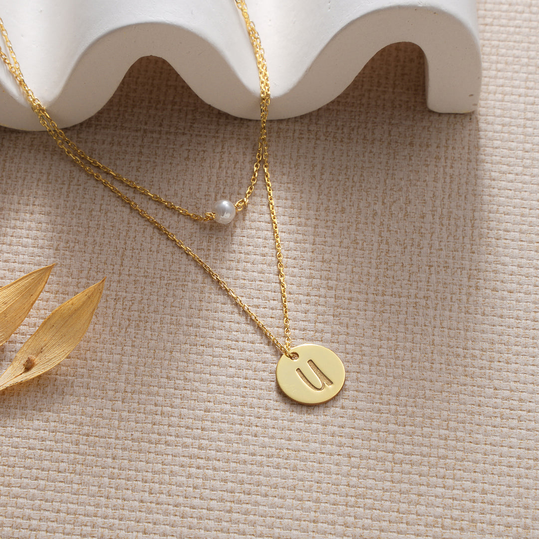 Lyphiyes Pearl Disc Layer Necklace – Personalized Gold Filled Jewelry with Initial and Pearl Detail