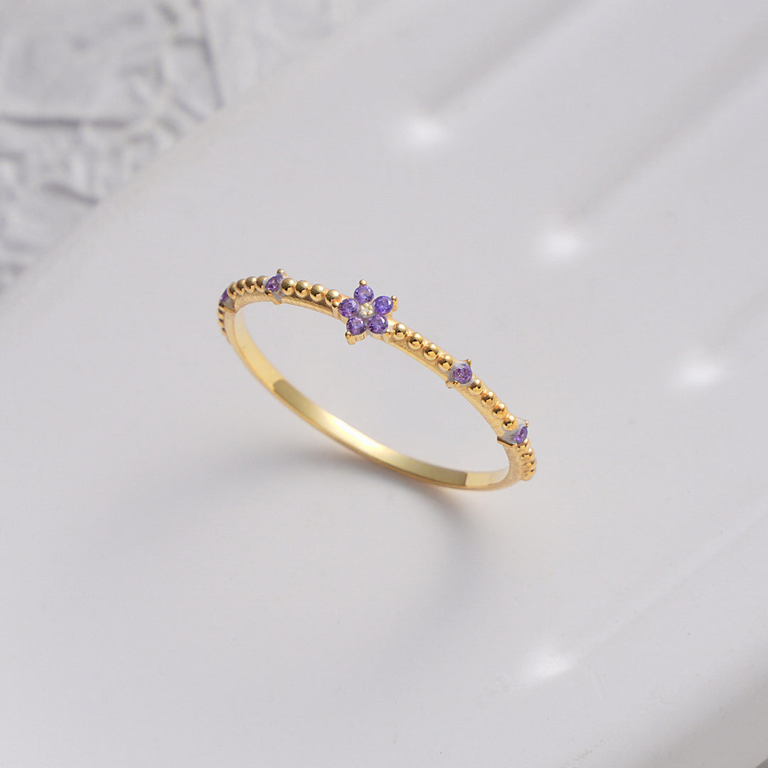 Tiny Flower Birthstone Band Ring
