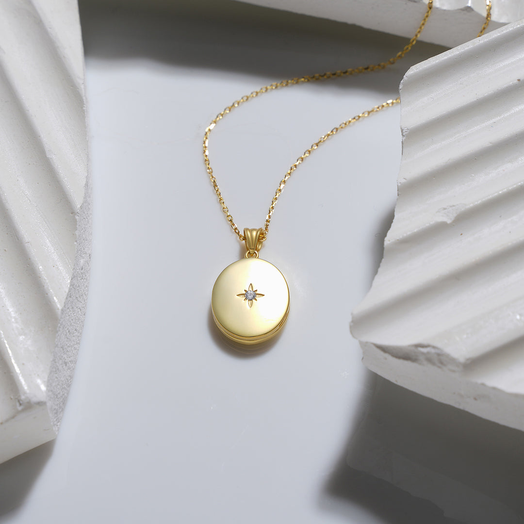 Starlight Diamond Oval Locket Necklace – 14k Gold Filled, Custom Engraved Pendant