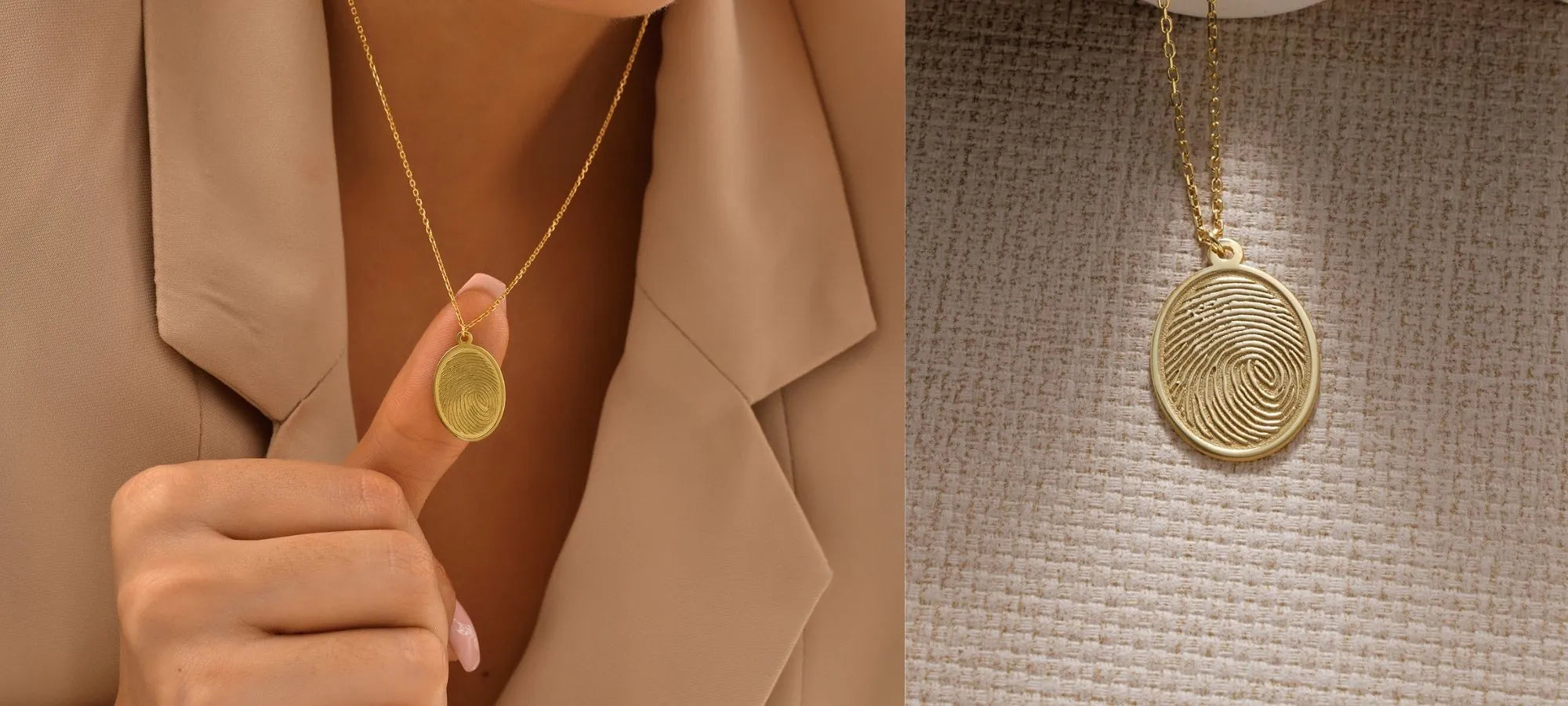 Gold necklace with an oval finger print engraved pendant held by a hand against a beautiful brown background