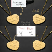 14k Gold heart-shaped necklaces with engraved messages on a dark background