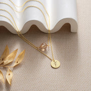 14k Gold-filled necklace with a round pendant and birthstone on a textured surface with leaves.