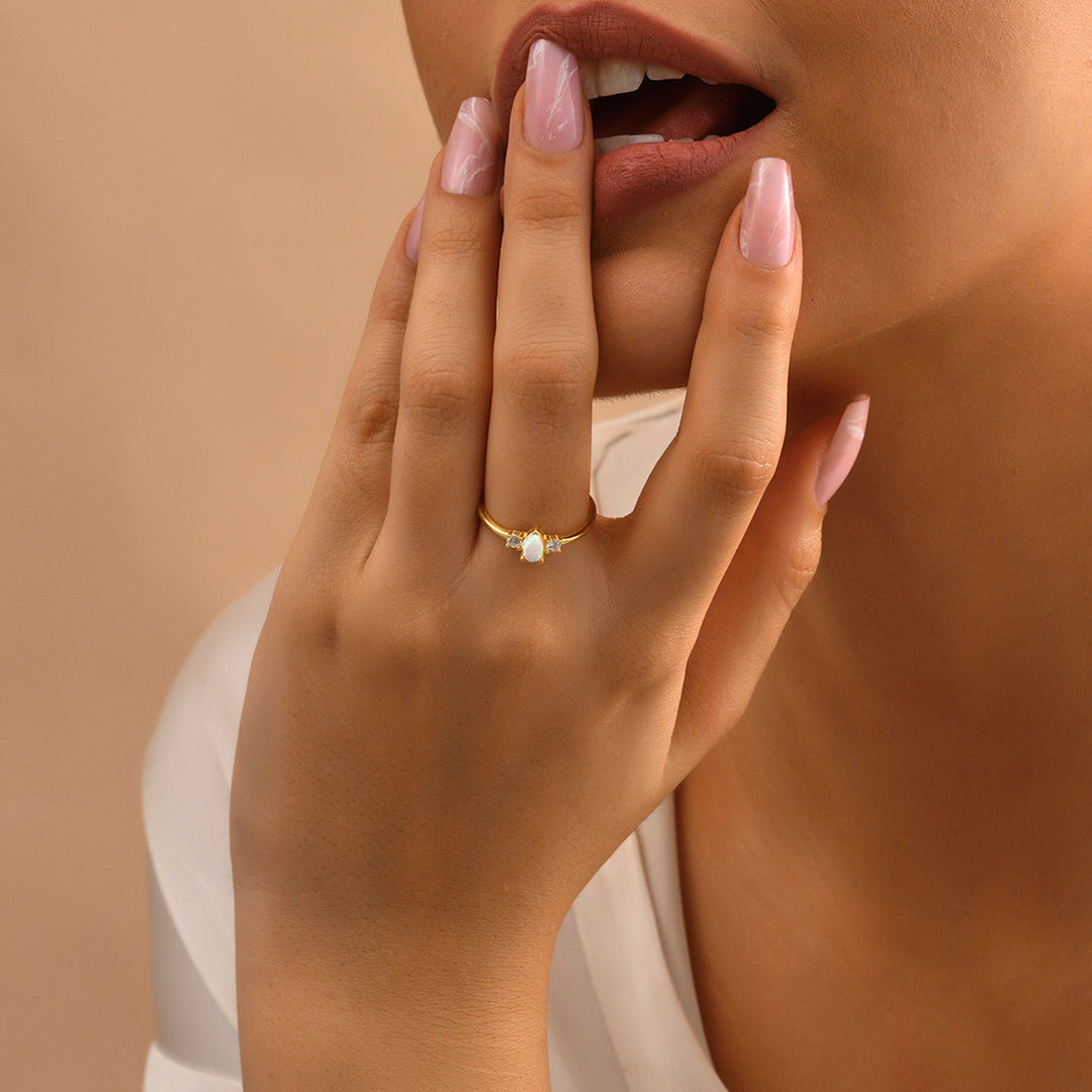 Opal Stone Ring with Diamonds - worn by a model
