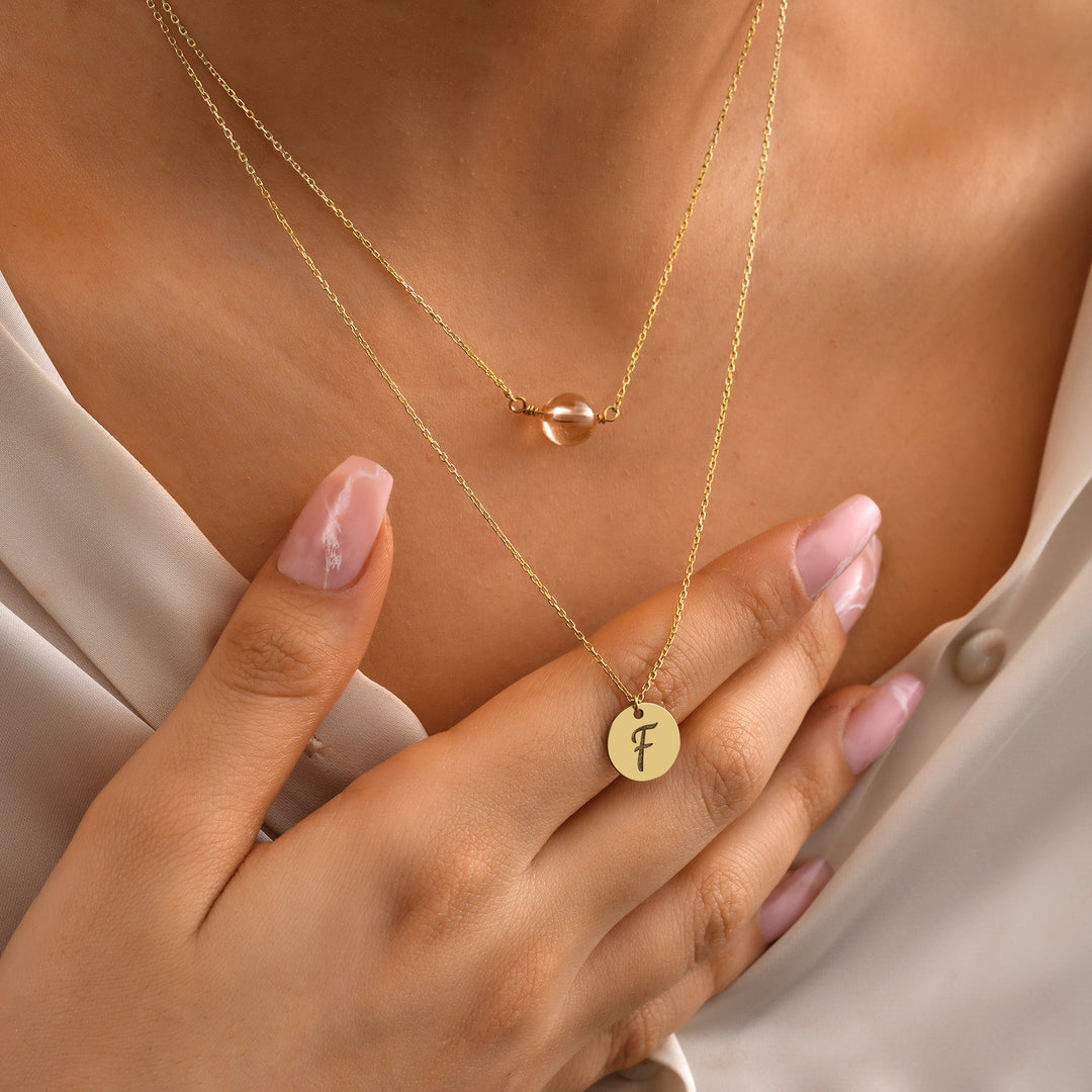 Layered Disc Initial Necklace with Birthstone – 14k Gold Filled Personalized Necklace on Model, Lyphiyes Jewelry