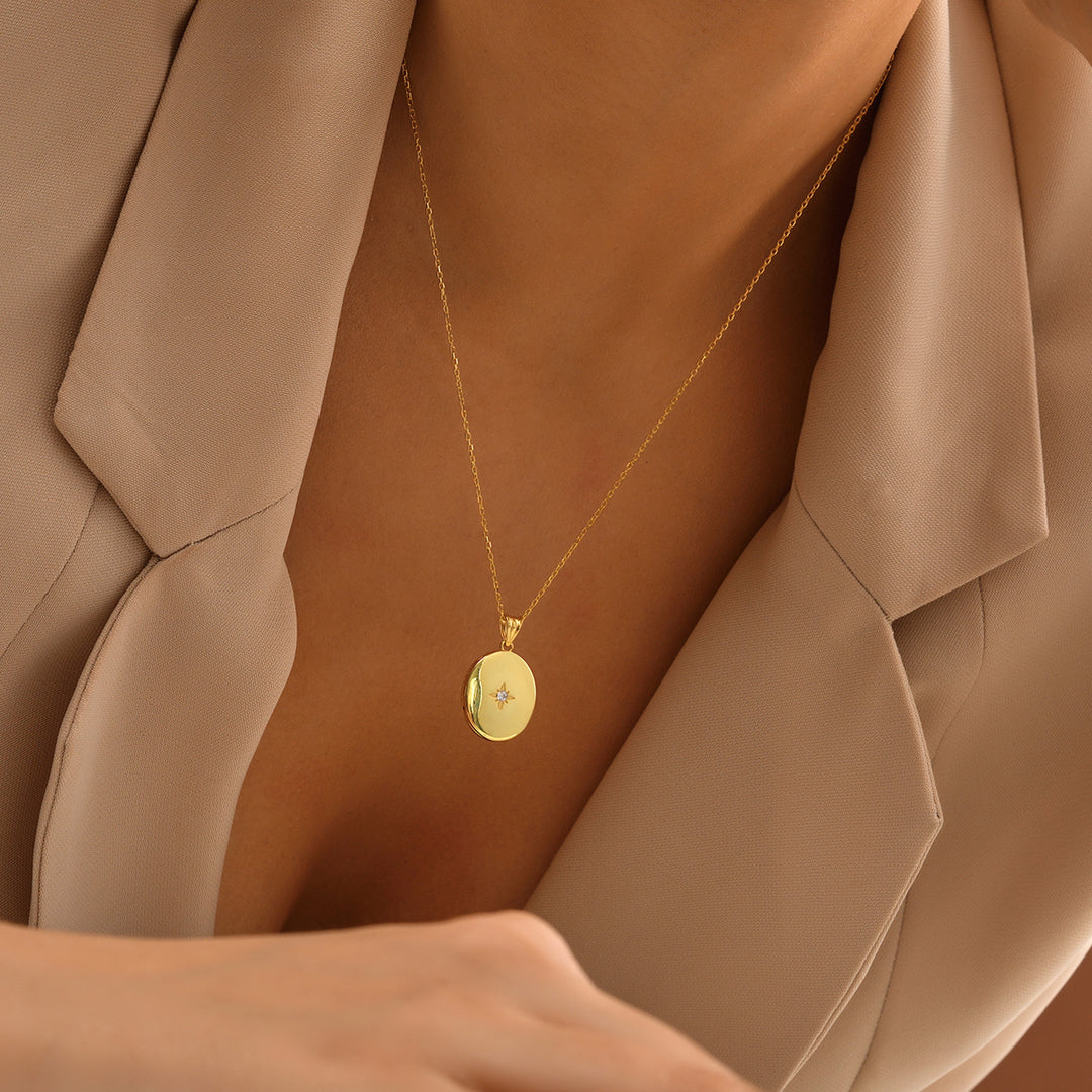 Starlight Diamond Oval Locket Necklace – 14k Gold Filled, Custom Engraved Pendant - model