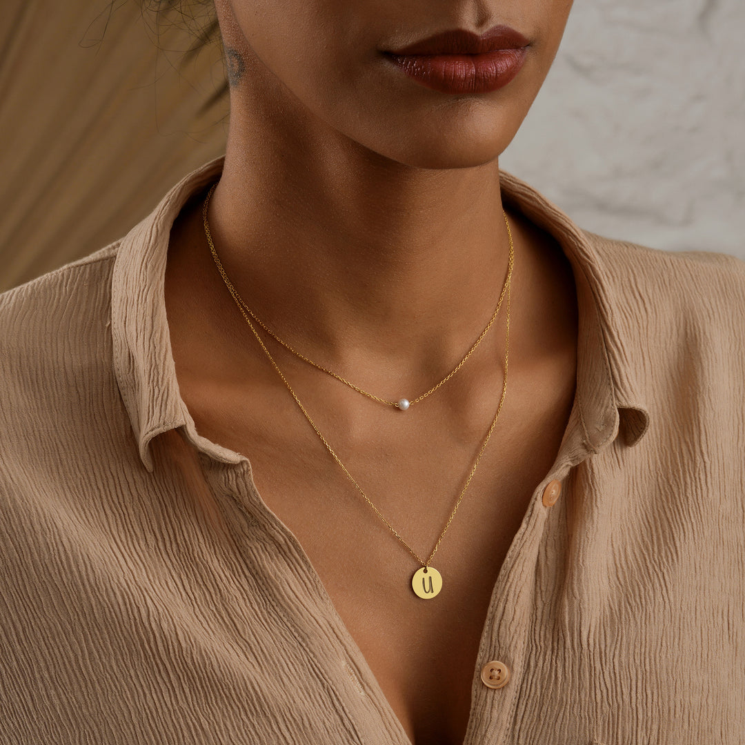 Lyphiyes Layered Pearl and Initial Necklace – Minimalist Gold Filled Jewelry on Model