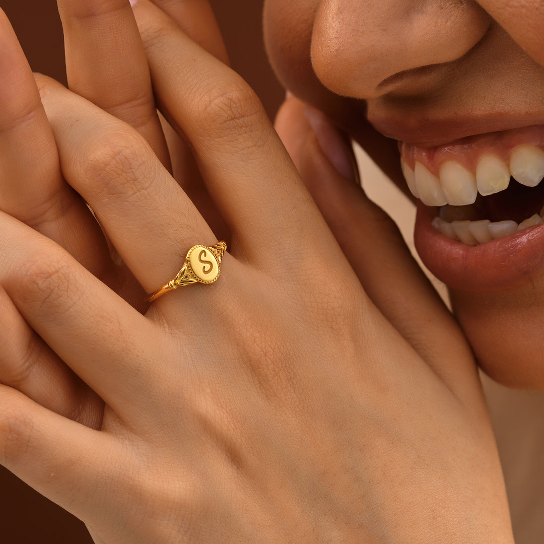 Engraved Initial Signet Ring - worn by a model 3