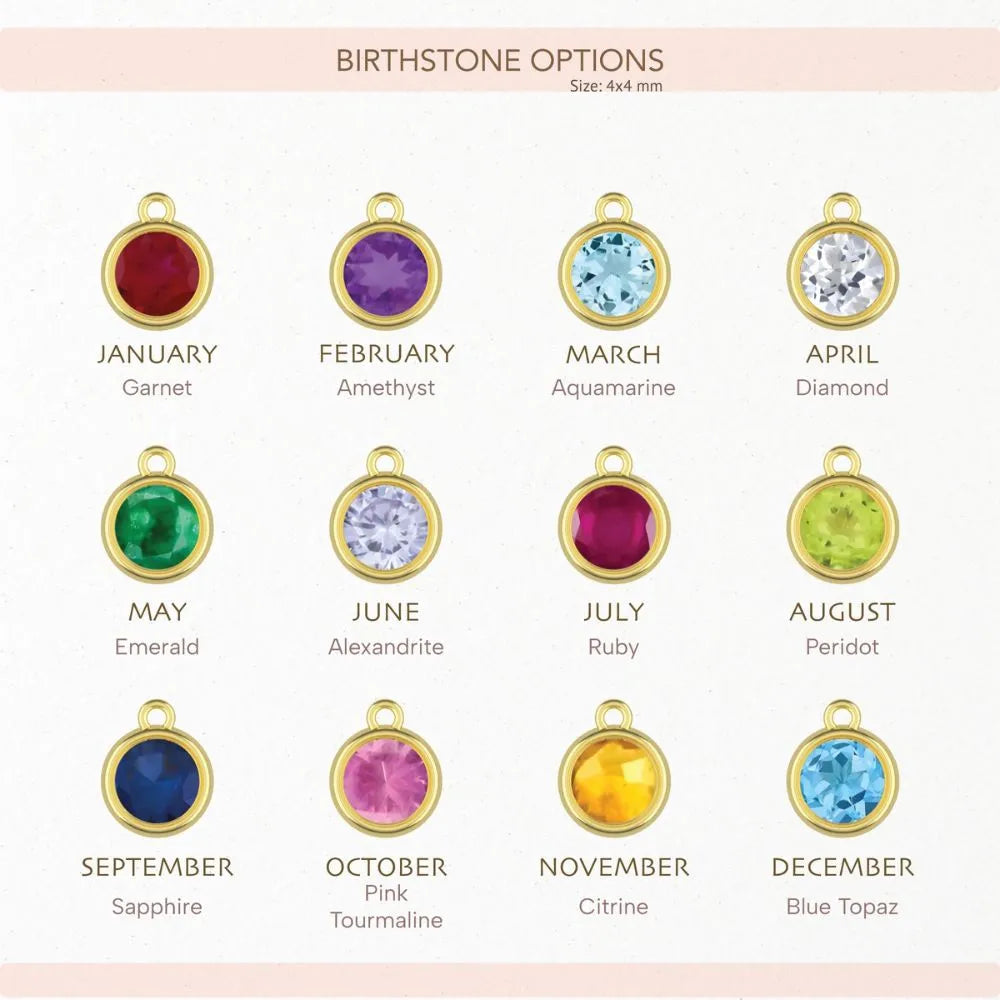 Chart of birthstone options with corresponding gemstones for each month on a pink background.