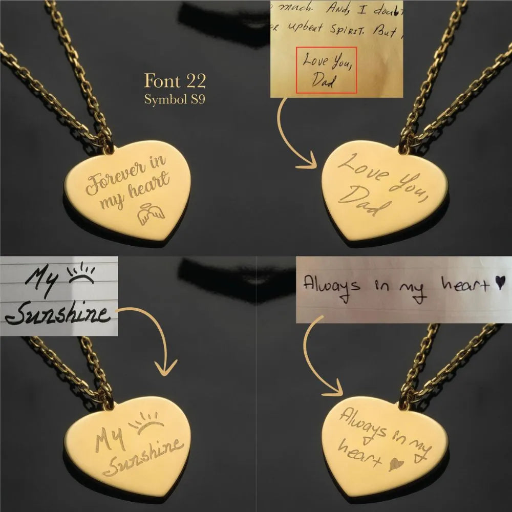 14k Gold heart-shaped necklaces with engraved messages on a dark background