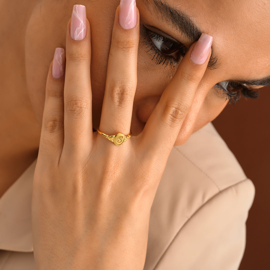 Engraved Initial Signet Ring - worn by a model 2 