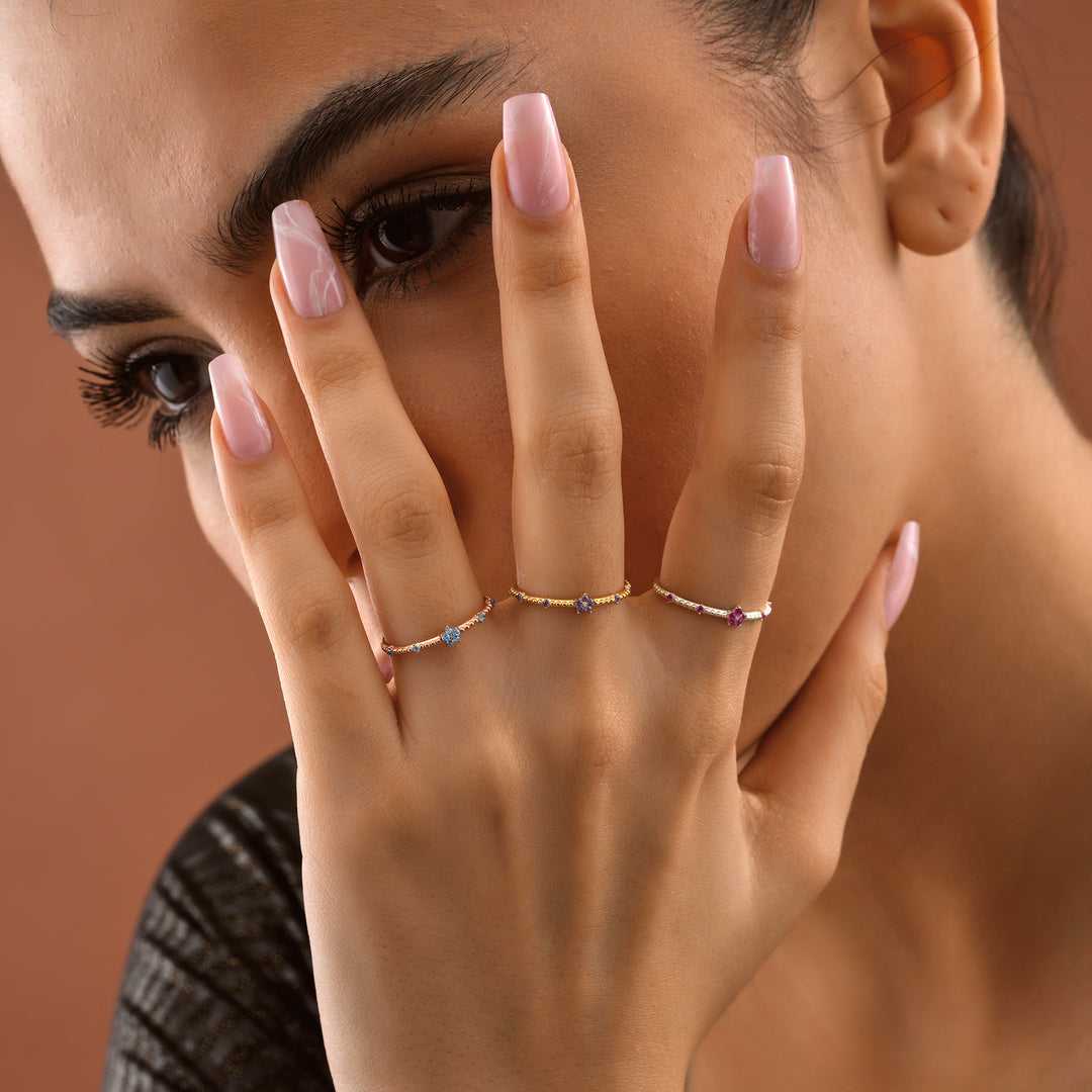 Tiny Flower Birthstone Band Ring - set