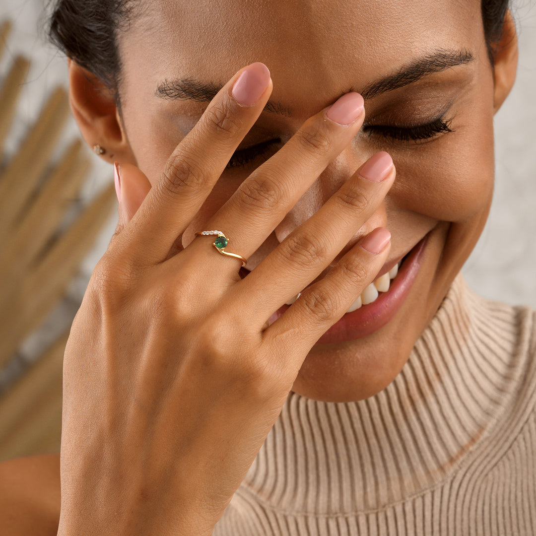 Curved Birthstone Ring with CZ Diamonds - worn by a model 2 