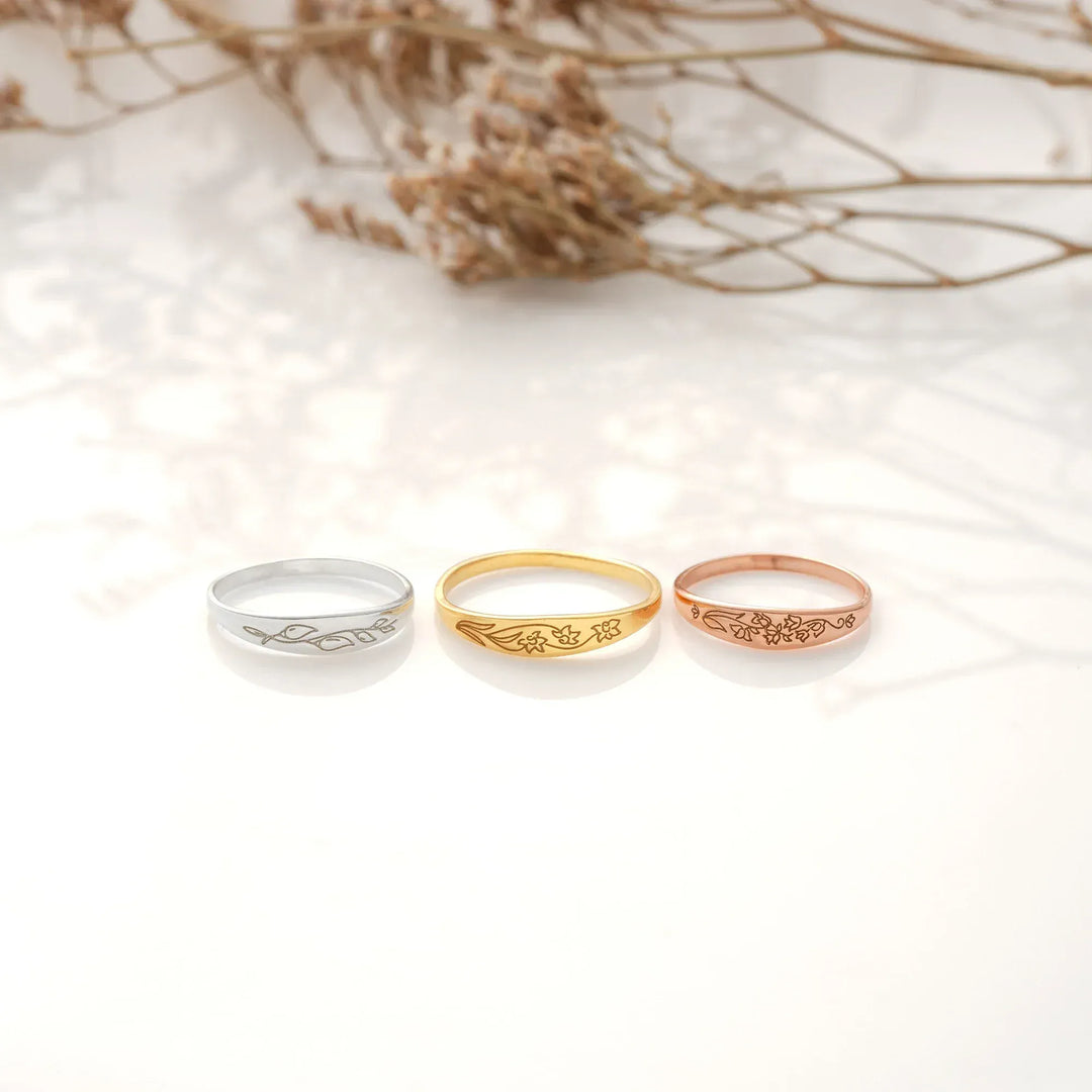Engraved birth flower rings with 3 material colors: 925 Sterling Silver, 14k Gold Filled and 14k Rose Gold Filled