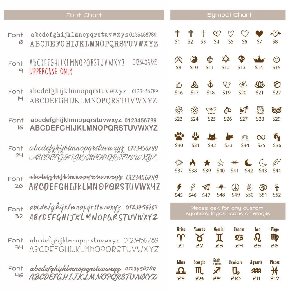 Font and symbol chart with alphabet, numbers, and various symbols.