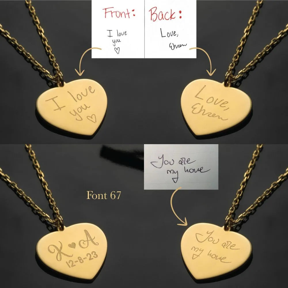 14k Gold heart-shaped necklaces with engraved messages on a black background