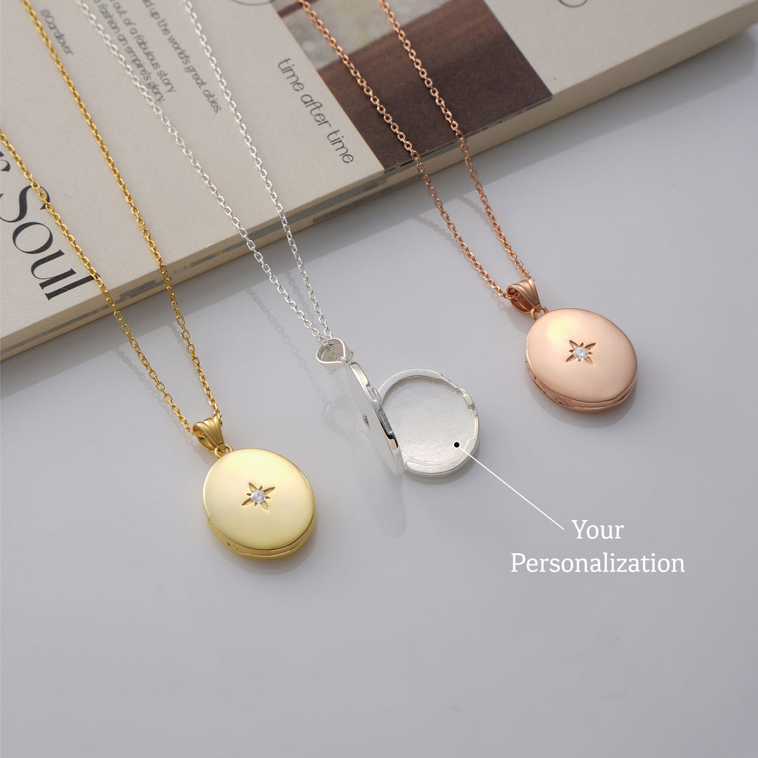 Starlight Diamond Oval Locket Necklace in Gold, Silver, and Rose Gold – Personalized Engraved Pendant by Lyphiyes