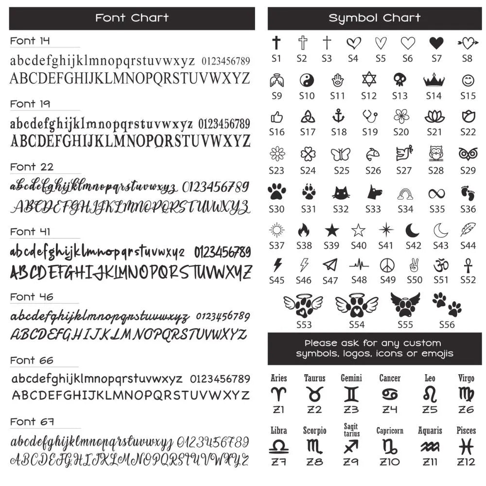 Font chart and symbol chart with various fonts and symbols.