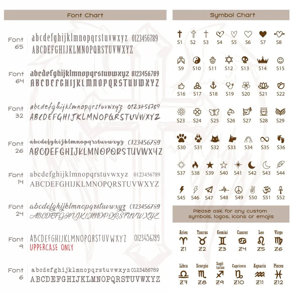 Font chart and symbol chart with various fonts and symbols.