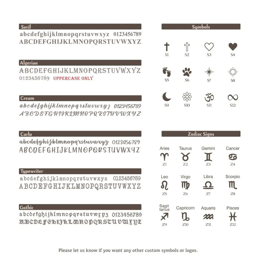 Collection of fonts, symbols, and zodiac signs on a white background