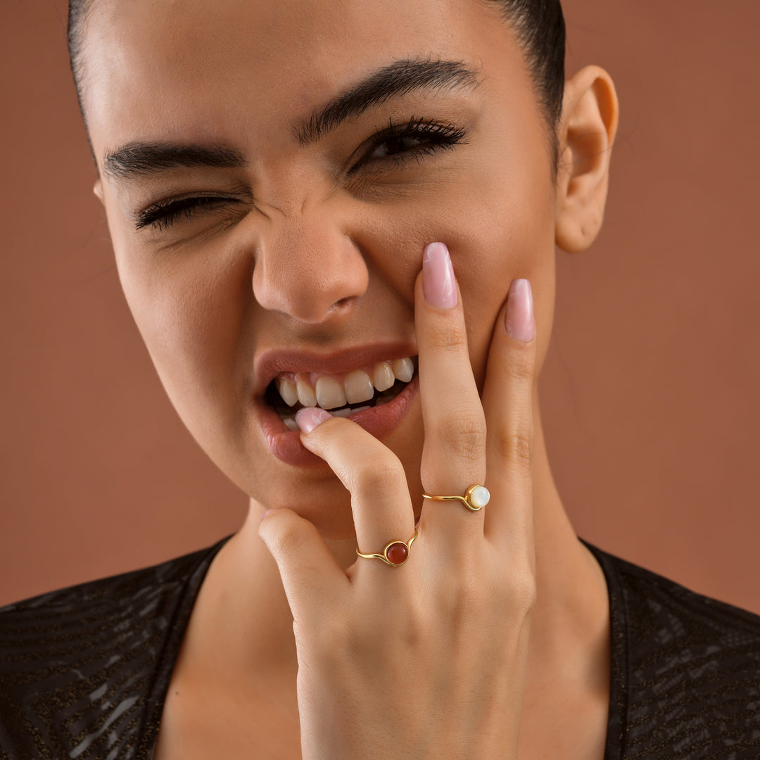 Lyphiyes Model Wearing Carnelian and Moonstone Rings – Gold Gemstone Jewelry Lookbook