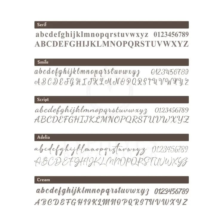 Comparison chart of different font styles including Serif, Smile, Script, Adelia, and Cream on a white background.