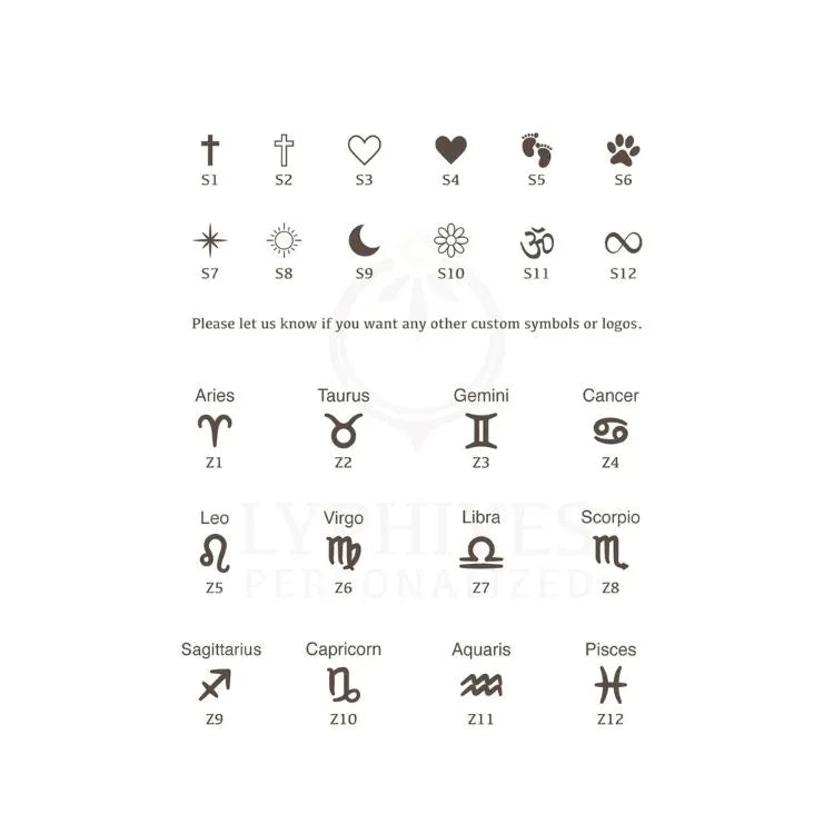 Collection of heart, cross, zodiac symbols and corresponding numbers on a white background