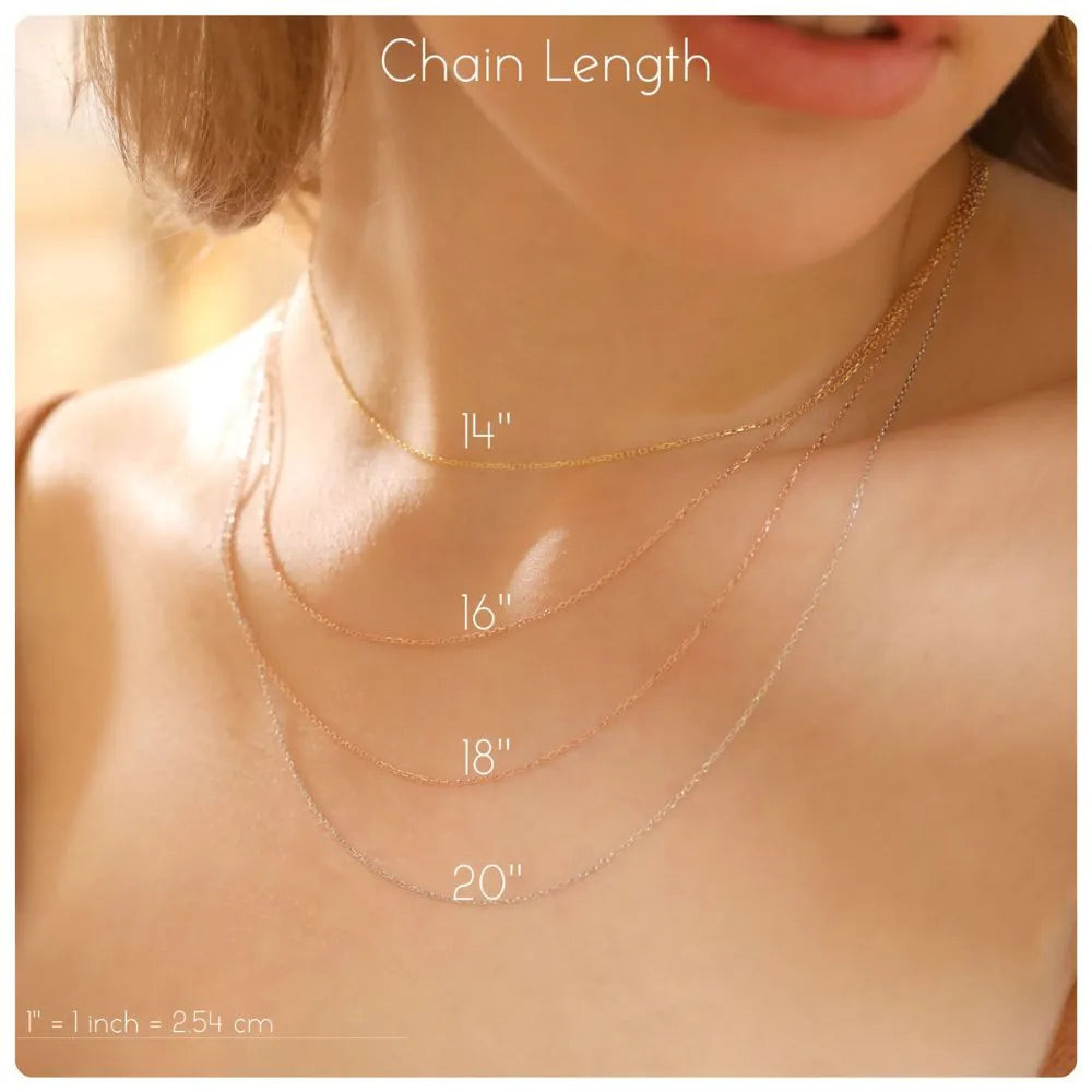 Necklace chain lengths displayed on a person's neck with measurements.