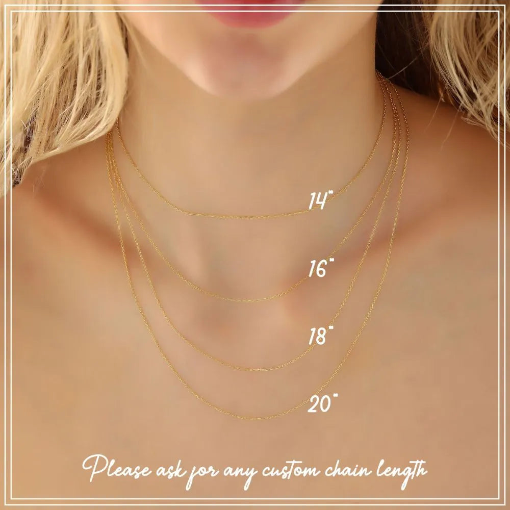 Necklace chains in different lengths displayed on a model with measurement labels.
