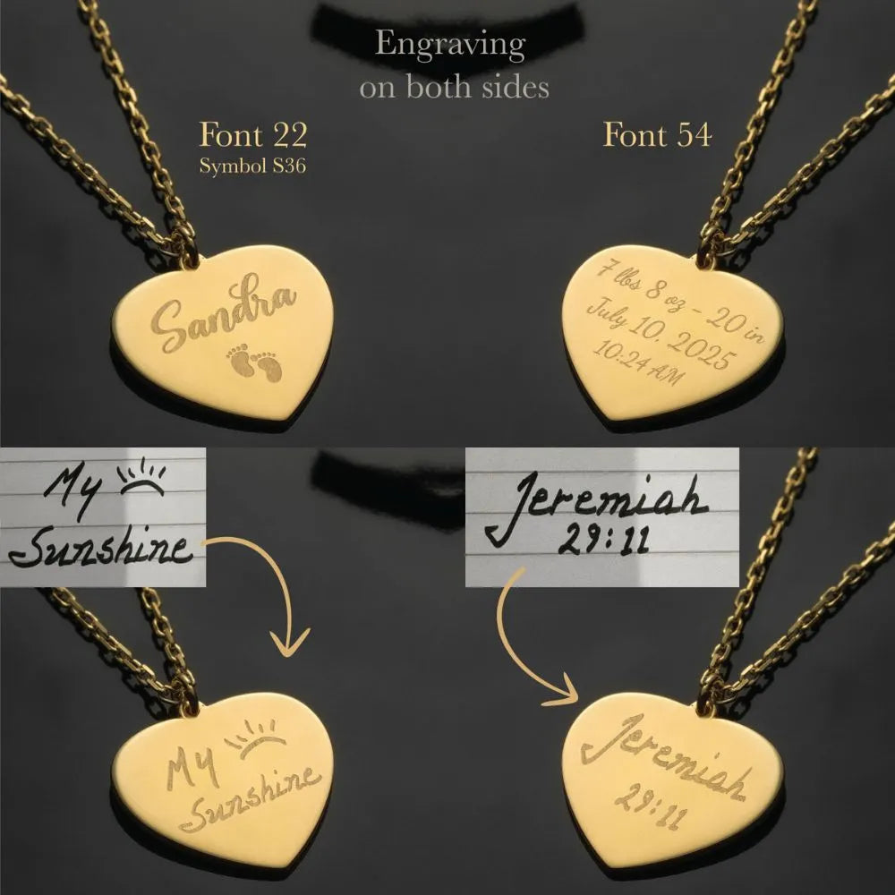 14k Gold heart-shaped necklaces with engraved text on a dark background