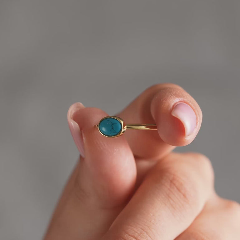Lyphiyes Natural Turquoise Stone Ring Close-up – Oval Blue Gemstone in Gold Setting